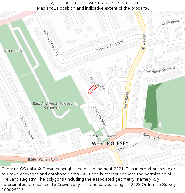 22, CHURCHFIELDS, WEST MOLESEY, KT8 1PU: Location map and indicative extent of plot