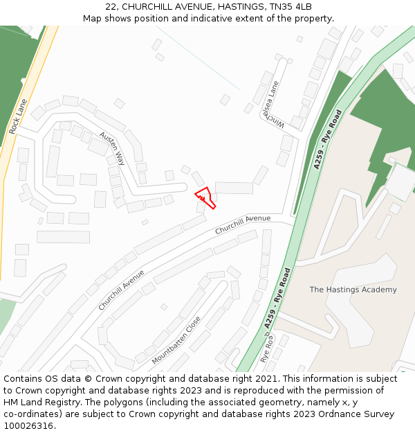 22, CHURCHILL AVENUE, HASTINGS, TN35 4LB: Location map and indicative extent of plot