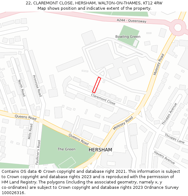 22, CLAREMONT CLOSE, HERSHAM, WALTON-ON-THAMES, KT12 4RW: Location map and indicative extent of plot