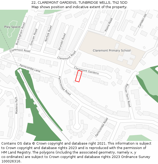 22, CLAREMONT GARDENS, TUNBRIDGE WELLS, TN2 5DD: Location map and indicative extent of plot