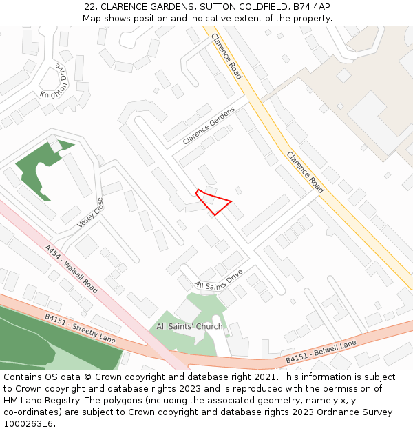 22, CLARENCE GARDENS, SUTTON COLDFIELD, B74 4AP: Location map and indicative extent of plot