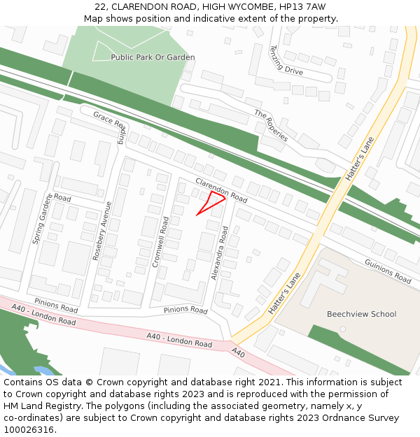 22, CLARENDON ROAD, HIGH WYCOMBE, HP13 7AW: Location map and indicative extent of plot