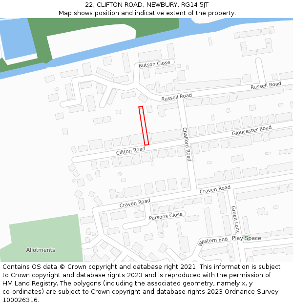 22, CLIFTON ROAD, NEWBURY, RG14 5JT: Location map and indicative extent of plot