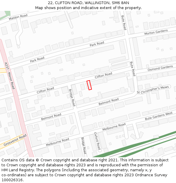 22, CLIFTON ROAD, WALLINGTON, SM6 8AN: Location map and indicative extent of plot