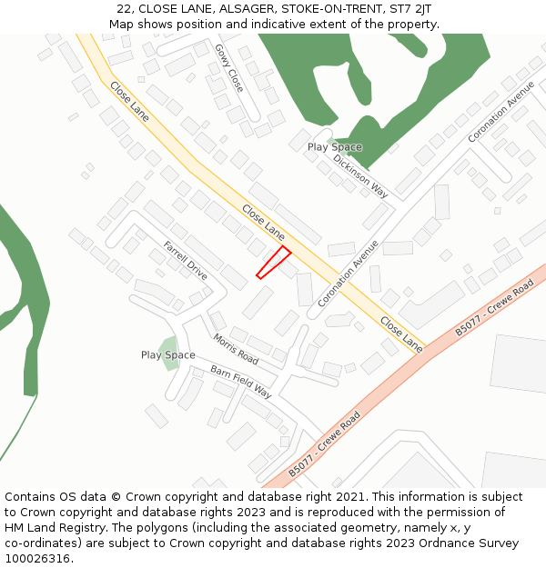 22, CLOSE LANE, ALSAGER, STOKE-ON-TRENT, ST7 2JT: Location map and indicative extent of plot