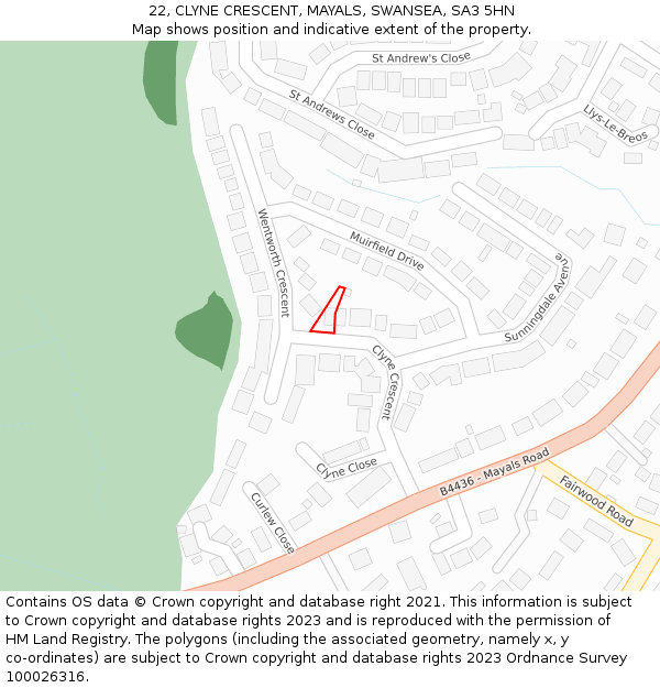 22, CLYNE CRESCENT, MAYALS, SWANSEA, SA3 5HN: Location map and indicative extent of plot