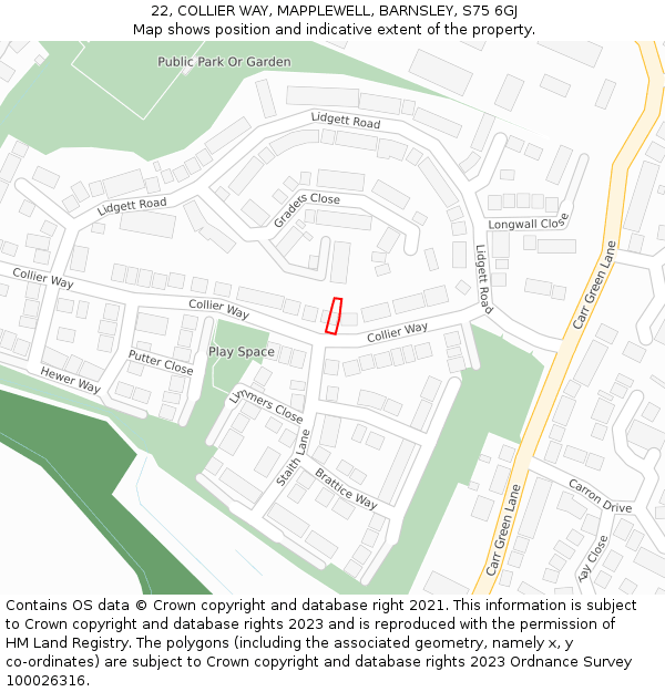 22, COLLIER WAY, MAPPLEWELL, BARNSLEY, S75 6GJ: Location map and indicative extent of plot