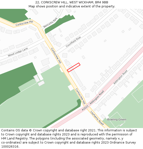 22, CORKSCREW HILL, WEST WICKHAM, BR4 9BB: Location map and indicative extent of plot