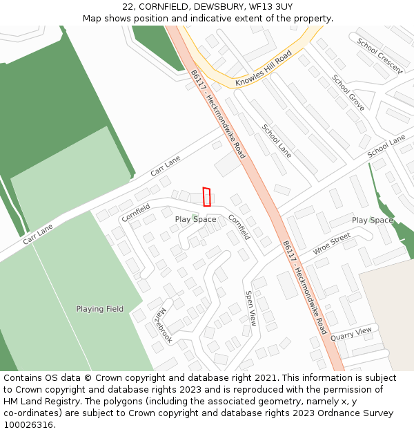 22, CORNFIELD, DEWSBURY, WF13 3UY: Location map and indicative extent of plot