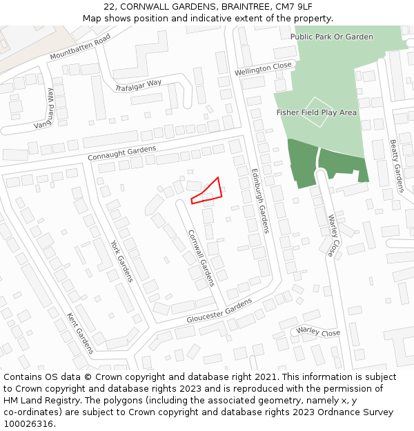 22, CORNWALL GARDENS, BRAINTREE, CM7 9LF: Location map and indicative extent of plot
