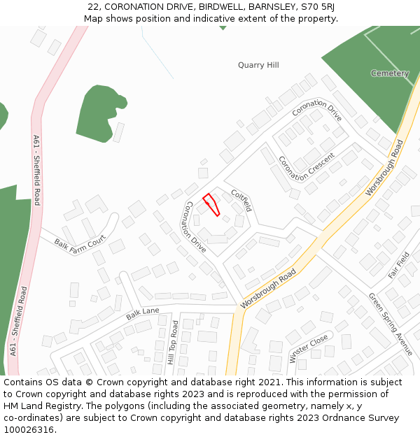 22, CORONATION DRIVE, BIRDWELL, BARNSLEY, S70 5RJ: Location map and indicative extent of plot