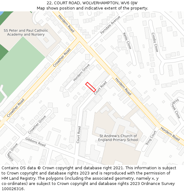 22, COURT ROAD, WOLVERHAMPTON, WV6 0JW: Location map and indicative extent of plot