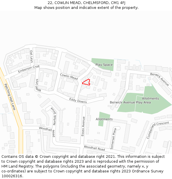 22, COWLIN MEAD, CHELMSFORD, CM1 4FJ: Location map and indicative extent of plot