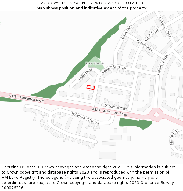 22, COWSLIP CRESCENT, NEWTON ABBOT, TQ12 1GR: Location map and indicative extent of plot