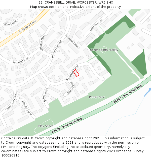 22, CRANESBILL DRIVE, WORCESTER, WR5 3HX: Location map and indicative extent of plot