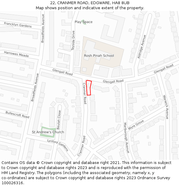 22, CRANMER ROAD, EDGWARE, HA8 8UB: Location map and indicative extent of plot