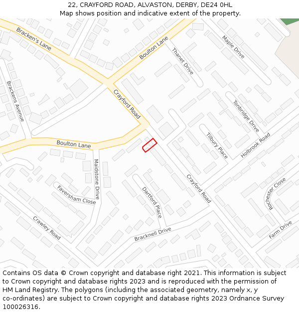 22, CRAYFORD ROAD, ALVASTON, DERBY, DE24 0HL: Location map and indicative extent of plot