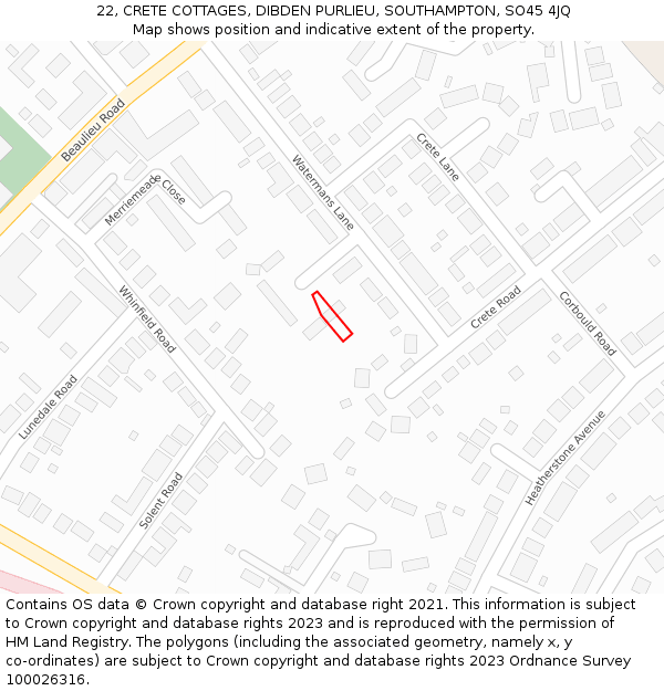 22, CRETE COTTAGES, DIBDEN PURLIEU, SOUTHAMPTON, SO45 4JQ: Location map and indicative extent of plot
