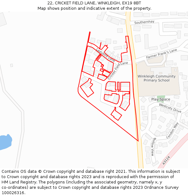 22, CRICKET FIELD LANE, WINKLEIGH, EX19 8BT: Location map and indicative extent of plot
