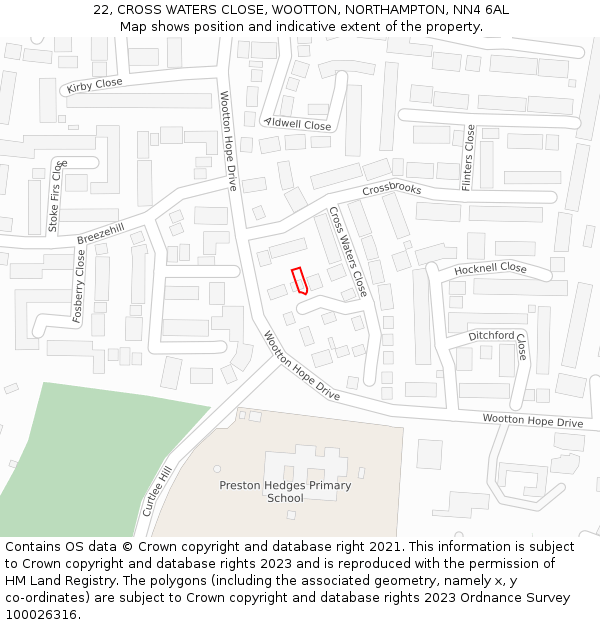 22, CROSS WATERS CLOSE, WOOTTON, NORTHAMPTON, NN4 6AL: Location map and indicative extent of plot
