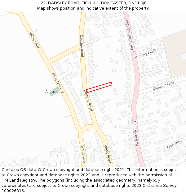 22, DADSLEY ROAD, TICKHILL, DONCASTER, DN11 9JF: Location map and indicative extent of plot