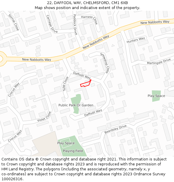 22, DAFFODIL WAY, CHELMSFORD, CM1 6XB: Location map and indicative extent of plot