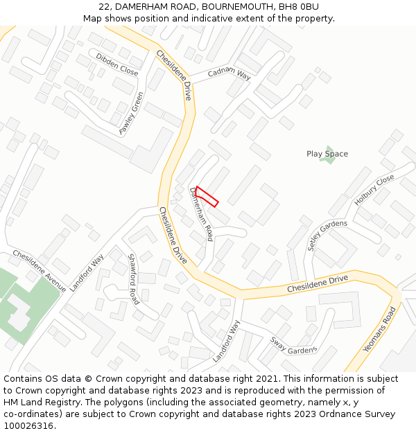 22, DAMERHAM ROAD, BOURNEMOUTH, BH8 0BU: Location map and indicative extent of plot