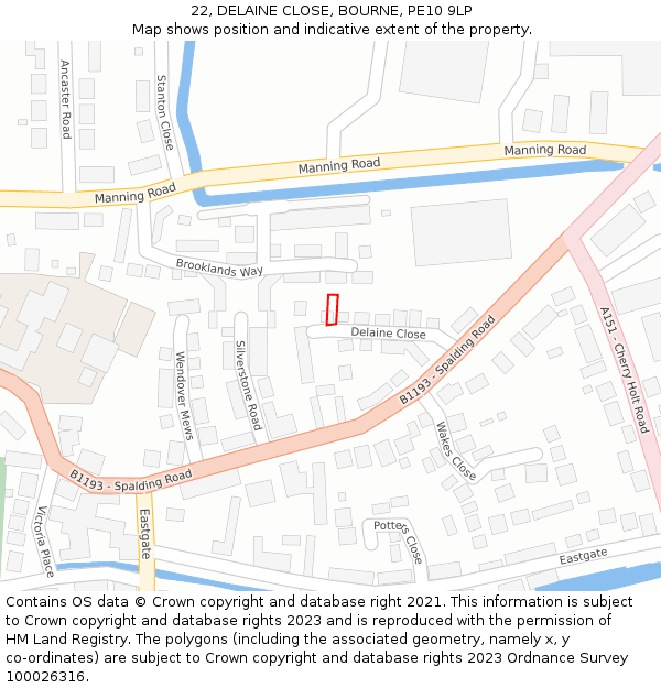 22, DELAINE CLOSE, BOURNE, PE10 9LP: Location map and indicative extent of plot