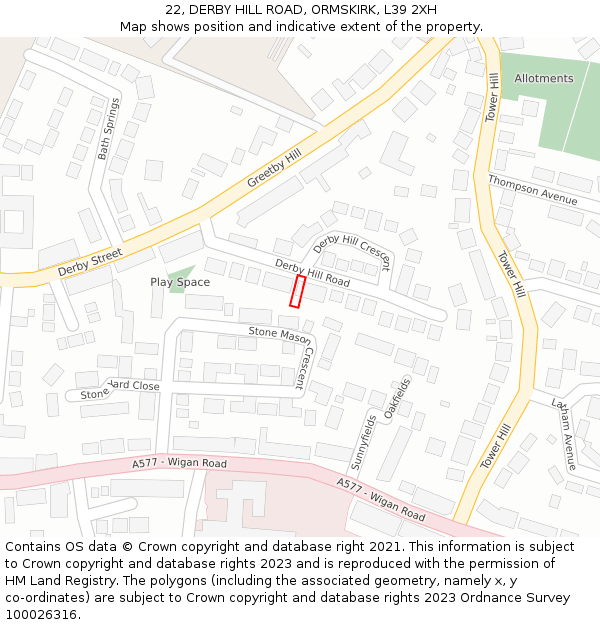 22, DERBY HILL ROAD, ORMSKIRK, L39 2XH: Location map and indicative extent of plot