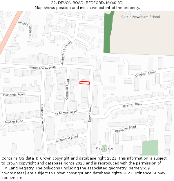 22, DEVON ROAD, BEDFORD, MK40 3DJ: Location map and indicative extent of plot