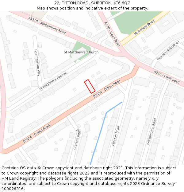 22, DITTON ROAD, SURBITON, KT6 6QZ: Location map and indicative extent of plot