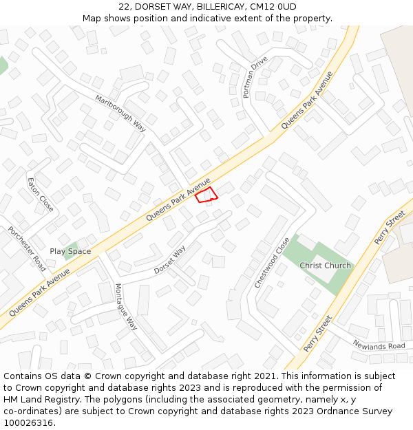 22, DORSET WAY, BILLERICAY, CM12 0UD: Location map and indicative extent of plot