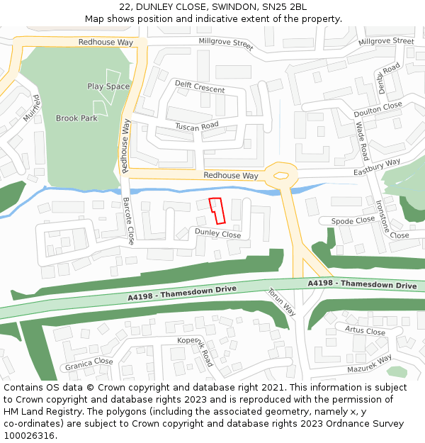 22, DUNLEY CLOSE, SWINDON, SN25 2BL: Location map and indicative extent of plot