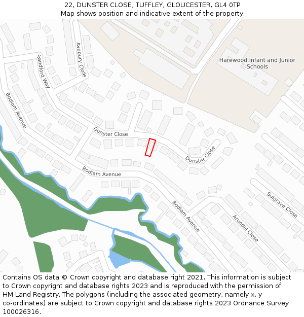 22, DUNSTER CLOSE, TUFFLEY, GLOUCESTER, GL4 0TP: Location map and indicative extent of plot
