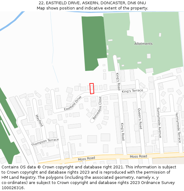 22, EASTFIELD DRIVE, ASKERN, DONCASTER, DN6 0NU: Location map and indicative extent of plot