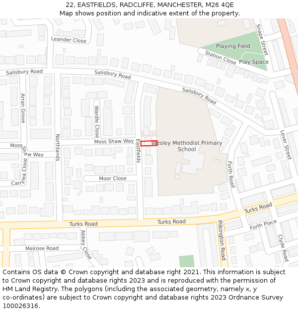 22, EASTFIELDS, RADCLIFFE, MANCHESTER, M26 4QE: Location map and indicative extent of plot