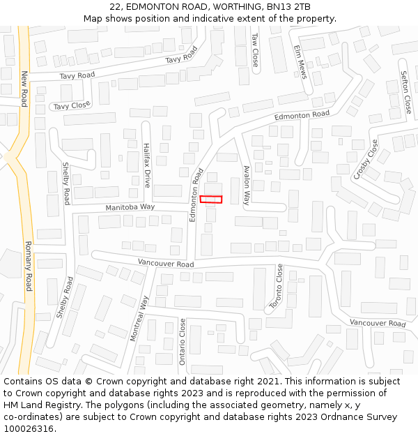22, EDMONTON ROAD, WORTHING, BN13 2TB: Location map and indicative extent of plot