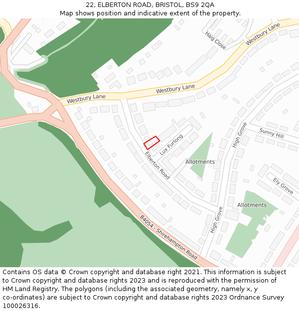 22, ELBERTON ROAD, BRISTOL, BS9 2QA: Location map and indicative extent of plot