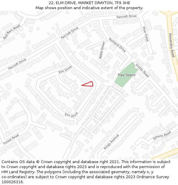 22, ELM DRIVE, MARKET DRAYTON, TF9 3HE: Location map and indicative extent of plot