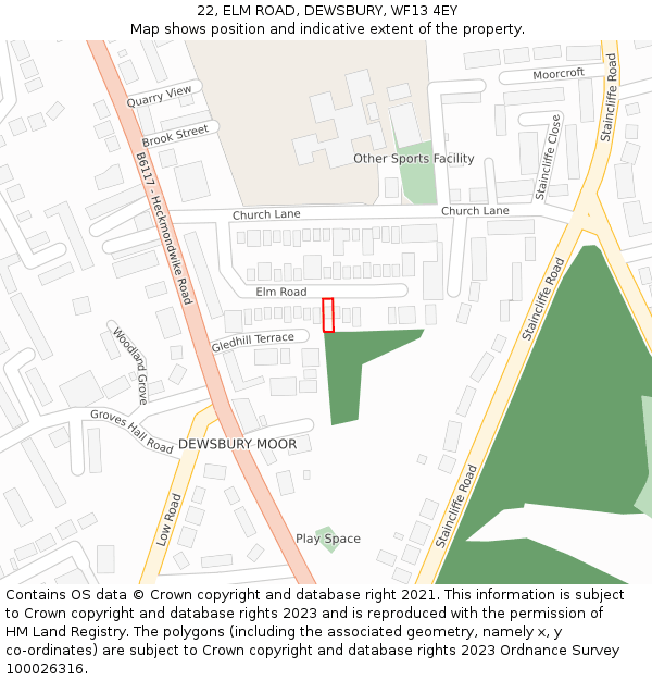 22, ELM ROAD, DEWSBURY, WF13 4EY: Location map and indicative extent of plot