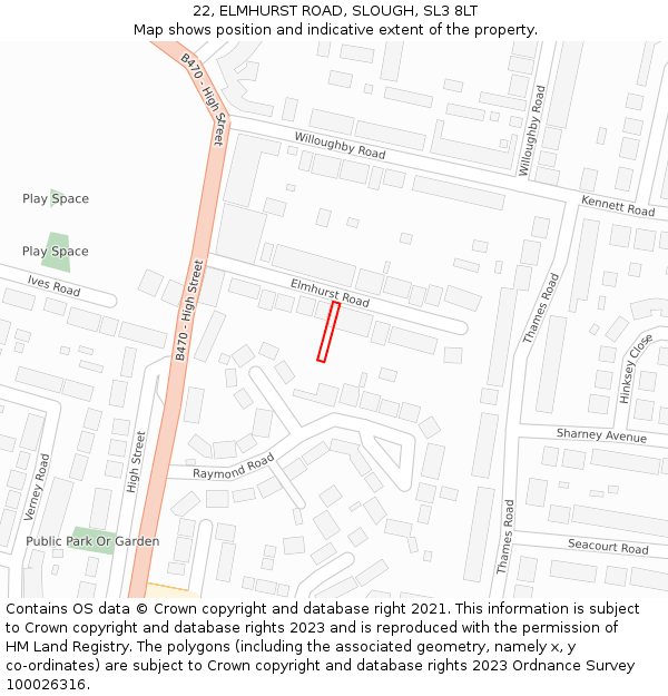 22, ELMHURST ROAD, SLOUGH, SL3 8LT: Location map and indicative extent of plot
