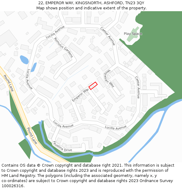 22, EMPEROR WAY, KINGSNORTH, ASHFORD, TN23 3QY: Location map and indicative extent of plot