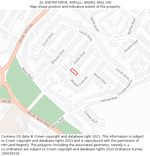 22, EXETER DRIVE, ASPULL, WIGAN, WN2 1XD: Location map and indicative extent of plot