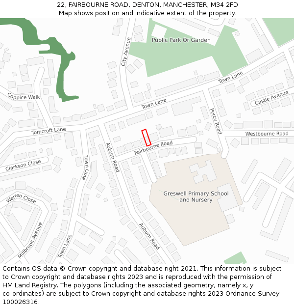 22, FAIRBOURNE ROAD, DENTON, MANCHESTER, M34 2FD: Location map and indicative extent of plot