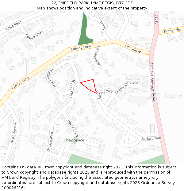 22, FAIRFIELD PARK, LYME REGIS, DT7 3DS: Location map and indicative extent of plot