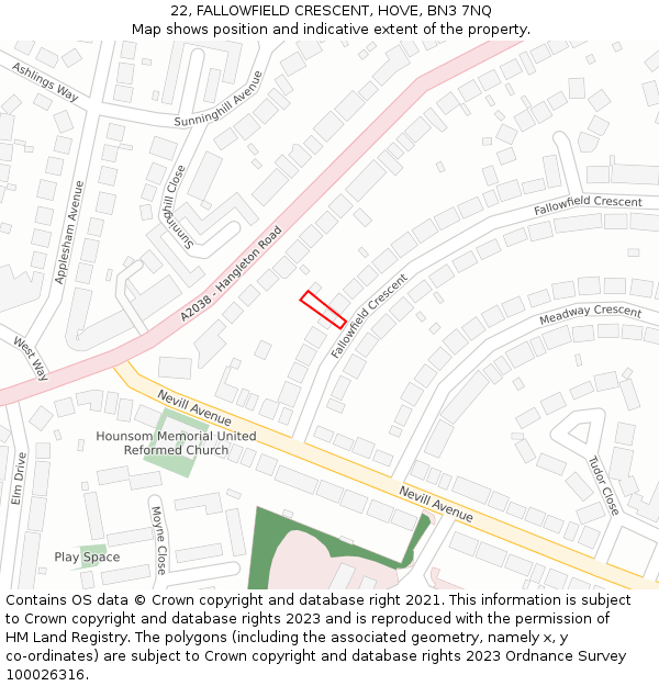 22, FALLOWFIELD CRESCENT, HOVE, BN3 7NQ: Location map and indicative extent of plot