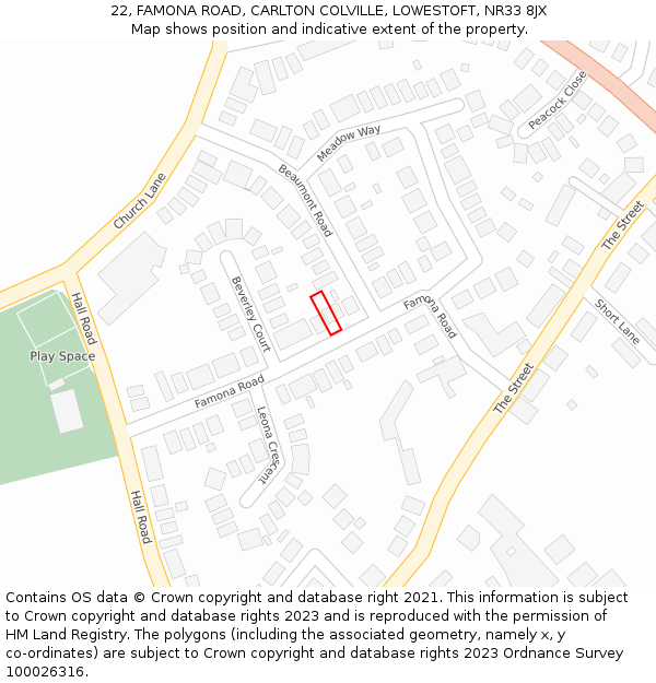 22, FAMONA ROAD, CARLTON COLVILLE, LOWESTOFT, NR33 8JX: Location map and indicative extent of plot