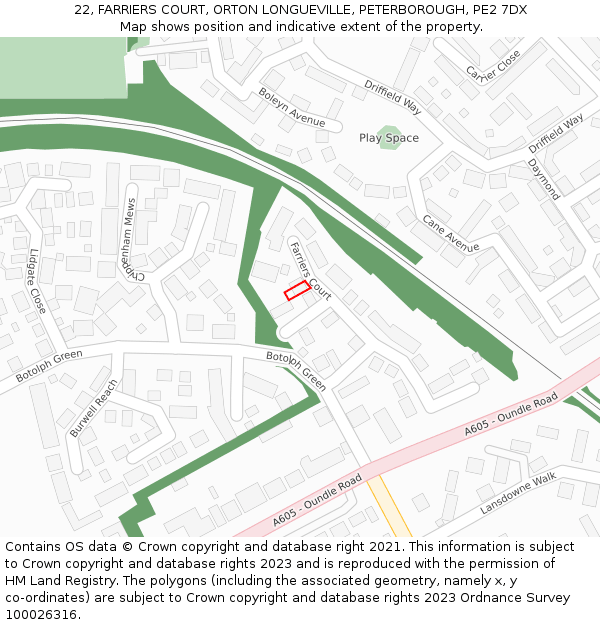 22, FARRIERS COURT, ORTON LONGUEVILLE, PETERBOROUGH, PE2 7DX: Location map and indicative extent of plot