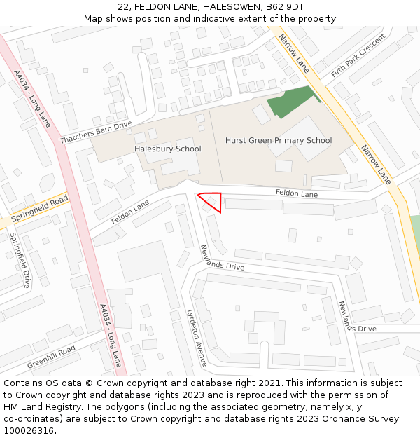 22, FELDON LANE, HALESOWEN, B62 9DT: Location map and indicative extent of plot