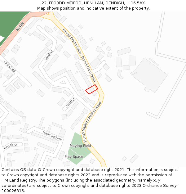22, FFORDD MEIFOD, HENLLAN, DENBIGH, LL16 5AX: Location map and indicative extent of plot